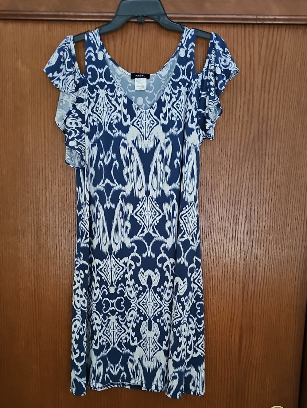 MSK Navy and White Cold-Shoulder Patterned Dress